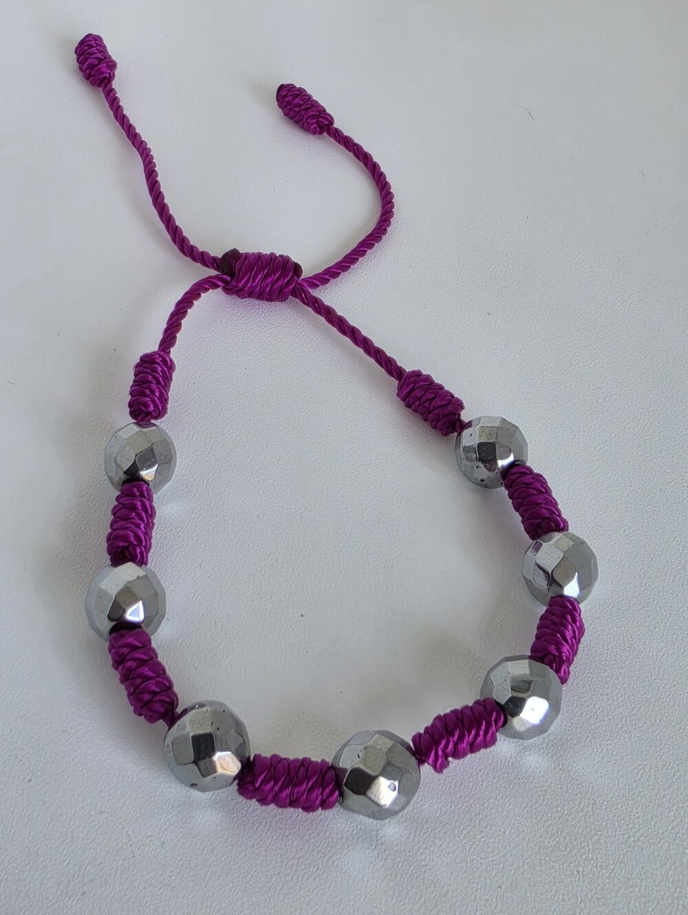 Handmade Purple Macrame Bracelet Silver Tone Faceted Beads Adjustable
